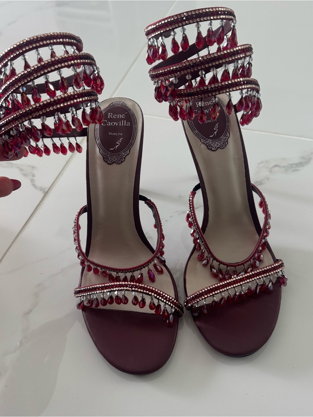 Rene Caovilla Wine Red Jeweled Strappy Heels